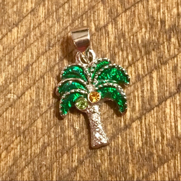 Palm Tree Necklace Charm Pendant Green Beach Ocean - Picture 1 of 2